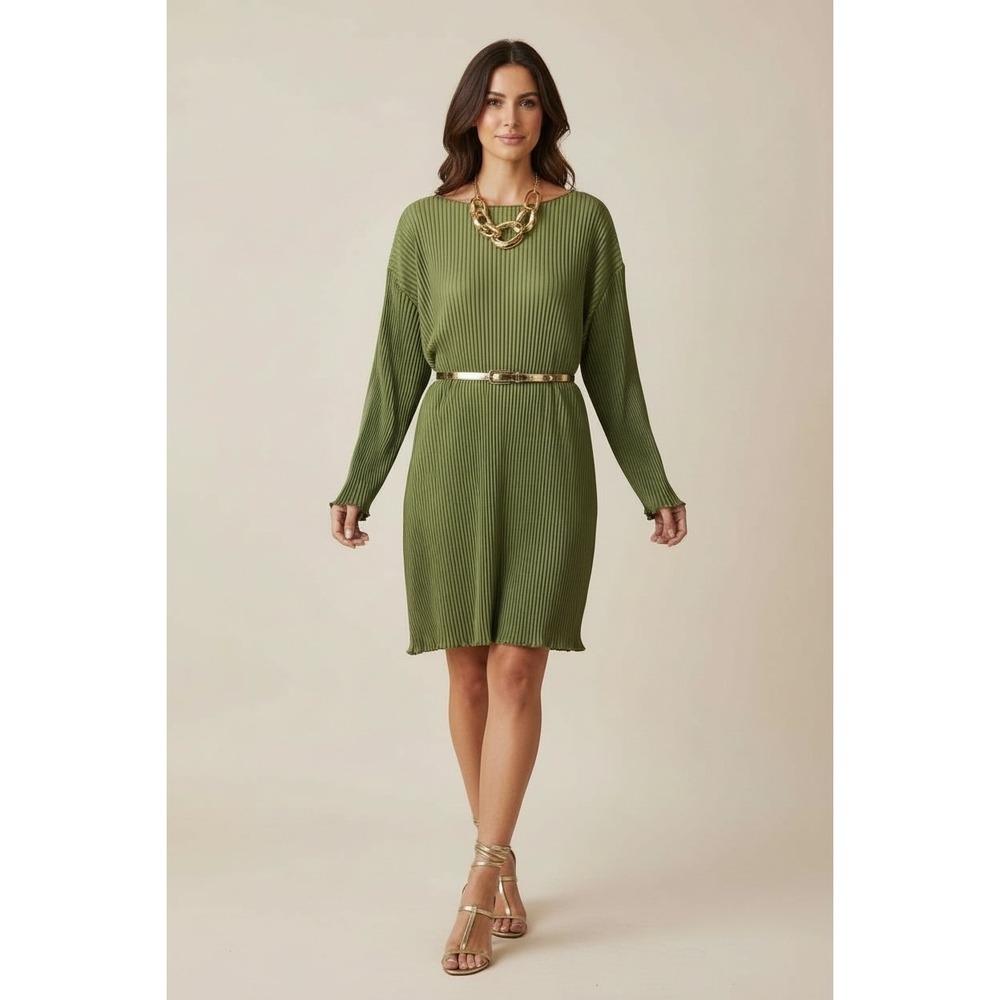 NEW SHEIN Curve 1XL Olive Green Pleated Long Sleeve Dress Midi Flowy‎